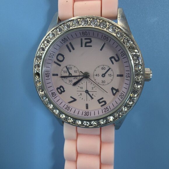 Darice Accessories - Darice Women's Quartz Watch Silver Tone Cryal Bezel Pink Silicone Band